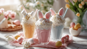bunny themed drinks recipe with whipped cream marshmallow tails and Easter decorations