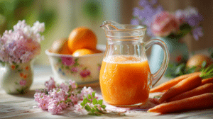 carrot orange ginger Easter drink in pitcher with fresh carrots and oranges on spring table
