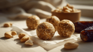 No-bake cashew date energy balls with whole dates and cashews on a light wooden table