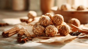 No-bake chai latte energy bites on parchment with warm spices and oats in soft morning light