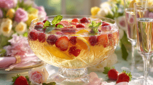 champagne punch for Easter in punch bowl with berries and citrus on spring table