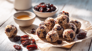 No-bake cherry vanilla energy balls with dried cherries on a light wooden table in natural light