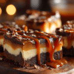 No-bake chocoflan magic bars with chocolate base and caramel layer on wooden table