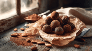 No-bake chocolate almond protein balls with oats, almonds, and cocoa on parchment paper