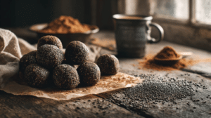 No-bake chocolate chia seed energy balls with oats, cocoa, and chia seeds on parchment
