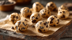 no-bake chocolate chip cookie dough balls with soft texture and chocolate chips on parchment in warm natural light