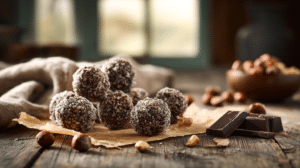 No-bake chocolate hazelnut energy balls with oats, hazelnuts, and chocolate pieces