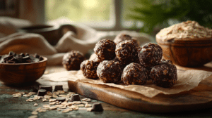 No-bake chocolate peanut butter bites with oats and chocolate chips in warm natural light
