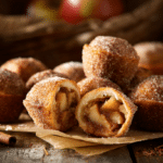 No-bake churro apple pie taco bites with cinnamon sugar coating and apple filling on parchment