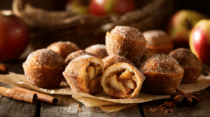 No-bake churro apple pie taco bites with cinnamon sugar coating and apple filling on parchment
