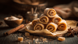 No-bake cinnamon sugar roll-up bites coated in cinnamon sugar on parchment paper in warm light