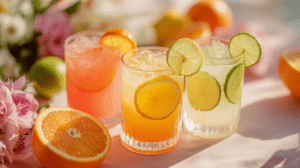 citrus mocktails for spring brunch with orange lemon and lime slices on a bright spring table