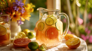 citrus punch for Easter brunch with orange lemon and lime slices in a glass pitcher on a spring table