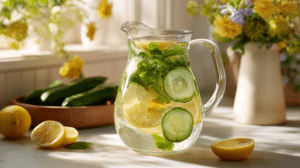 clean eating spring beverages citrus mint water with cucumber in glass pitcher