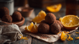 No-bake cocoa orange energy balls with chocolate and citrus on a rustic wooden table