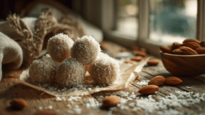 No-bake coconut almond bliss balls with shredded coconut and almonds on parchment