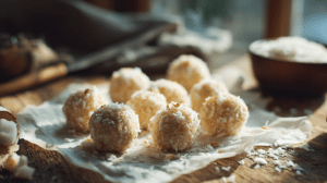 no-bake coconut cream pie energy balls with coconut flakes and creamy texture on parchment in warm natural light
