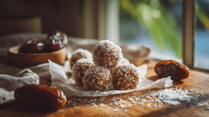 No-bake coconut date energy balls with shredded coconut and dates on parchment paper