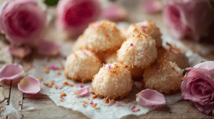 No-bake coconut rose water macaroons with rose petals and coconut flakes in soft natural light