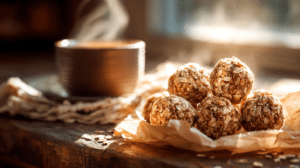 no-bake coffee oatmeal energy bites with oats and rich texture on parchment in warm morning light