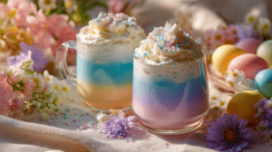 colorful Easter drinks for children with pastel layers whipped cream and festive decorations