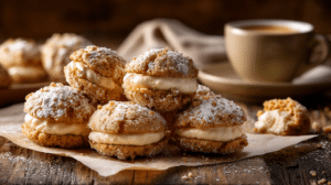 No-bake concha ice cream sandwiches bites with crumb topping and creamy filling on parchment paper