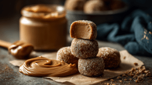No-bake cookie butter bites with creamy texture on a rustic table with cookie spread nearby