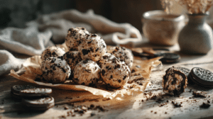 No-bake cookies and cream protein balls with crushed chocolate cookies on a rustic table