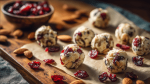 No-bake cranberry almond bites with oats, dried cranberries, and almonds on parchment paper