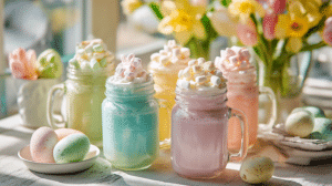 cute Easter drinks ideas with pastel mocktails, whipped cream, and peeps on a festive spring table