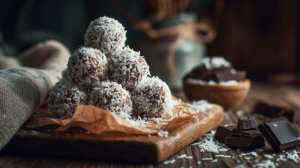 No-bake dark chocolate coconut energy balls with shredded coconut and chocolate pieces