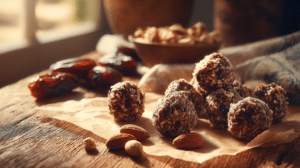 No-bake date nut energy balls with dates and mixed nuts on parchment paper