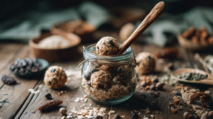 Jar of DIY energy ball mix with oats, seeds, and chocolate chips on wooden table