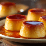 No-bake dulce de leche flan bites with smooth caramel surface on wooden table