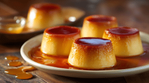 No-bake dulce de leche flan bites with smooth caramel surface on wooden table