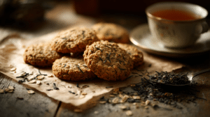 No-bake Earl Grey infused oat cookies with tea leaves and teacup in warm natural light