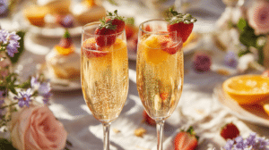 Easter brunch cocktail ideas with berry citrus mimosas in champagne flutes on spring table
