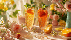 last minute Easter brunch drinks in glasses with citrus and berries on spring table