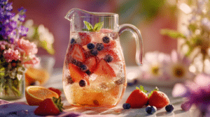 easy pitcher drinks for Easter brunch with berries and citrus in glass pitcher
