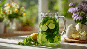Easter detox drinks spring with green juice cucumber and mint in glass pitcher