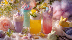 Easter drinks with candy garnish including peeps, jelly beans, and pastel mocktails on festive table