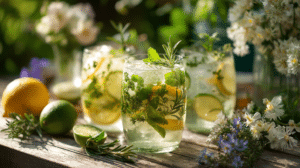 Easter drinks with herbs including mint rosemary and thyme served in glasses on a spring brunch table