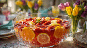 fruit punch for Easter party crowd in glass bowl with fresh fruit and spring decorations
