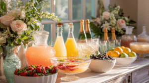 mimosa bar ideas Easter brunch with juices fruit and champagne on decorated table