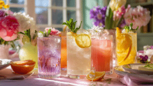 Easter party drinks family friendly with colorful mocktails, fruit garnishes, and pastel spring table setup