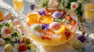 Easter punch with sherbet in bowl with colorful scoops and fruit on festive table