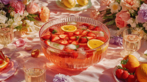 easy Easter drinks recipes for a crowd with large punch bowl, citrus juices, and fresh fruit garnish