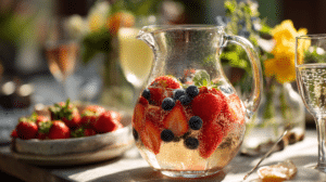 easy prosecco punch recipe in pitcher with berries and citrus on bright table