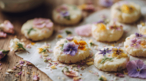 No-bake edible flower shortbread bites decorated with pressed flowers on parchment paper in soft light