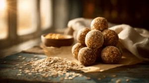 No-bake flaxseed oatmeal energy bites with oats and flaxseed on parchment paper